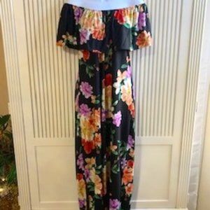 Slinky Brand, colorful off the shoulder mid length dress. NWOT